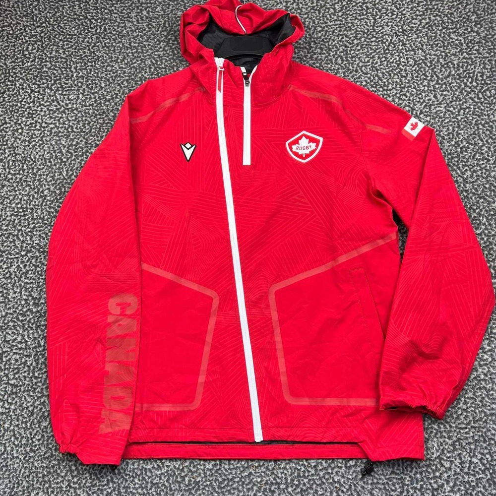 Macron Canada Rugby Windbreaker Men XXL Hooded Full Zip Rain Jacket Red 2XL